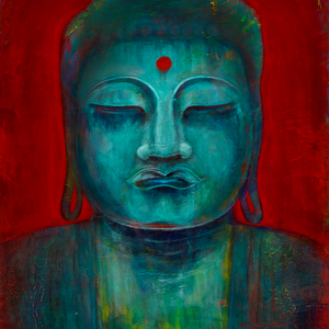 18 x 18 BUDDHA print  "Breathe in Red Orange - Breathe out Blue"